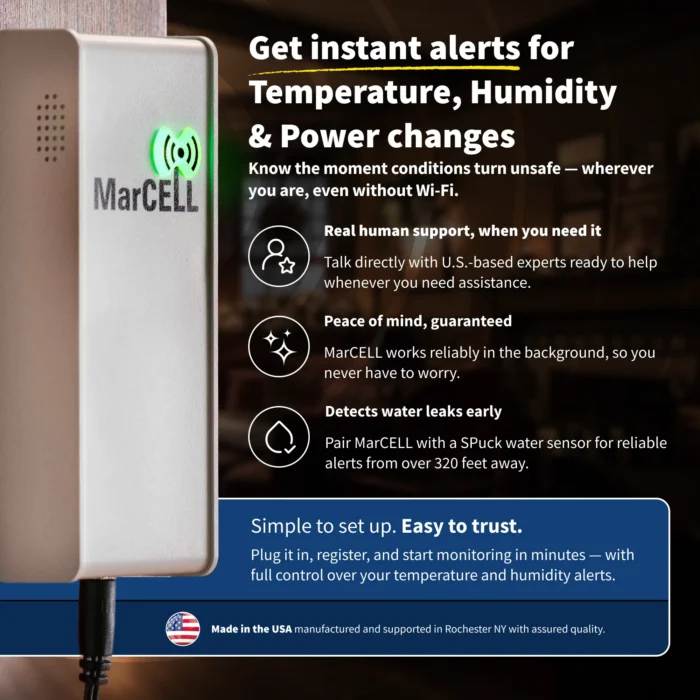 MarCELL Multisensor device highlighting easy setup, multiple applications, and water leak detection.
