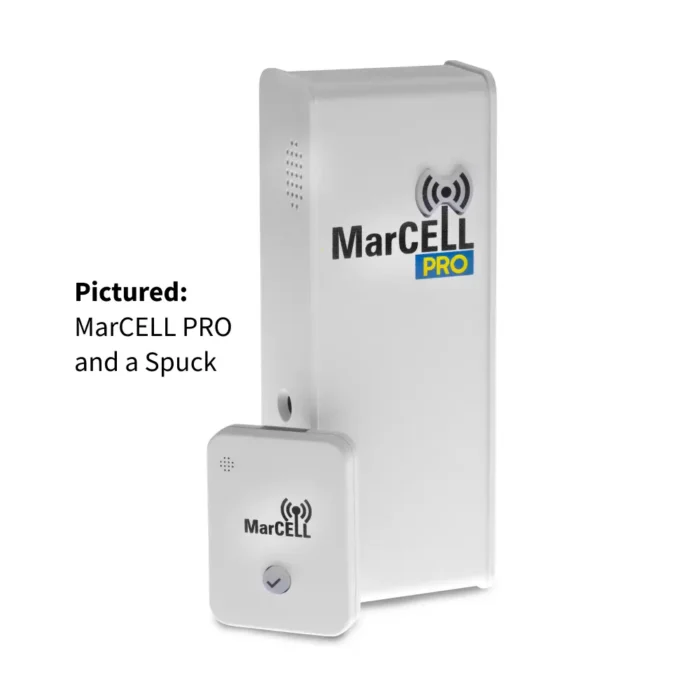 MarCELL PRO device with SPuck water sensor for advanced temperature and humidity monitoring.