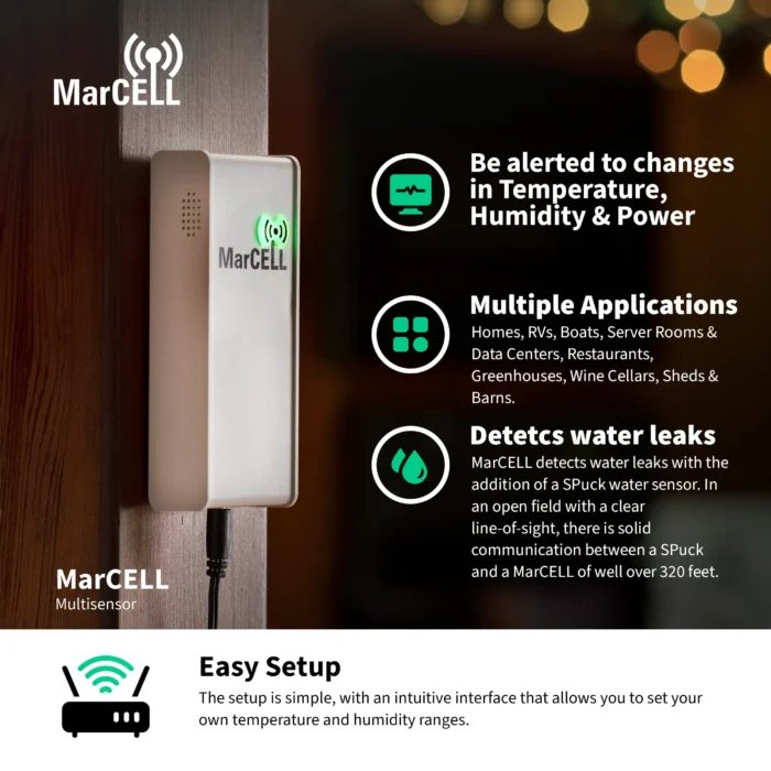 MarCELL Multisensor device highlighting easy setup, multiple applications, and water leak detection.