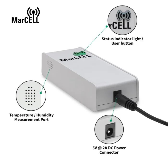MarCELL Multisensor hardware diagram showing power connector, indicator light, and temperature humidity measurement port.