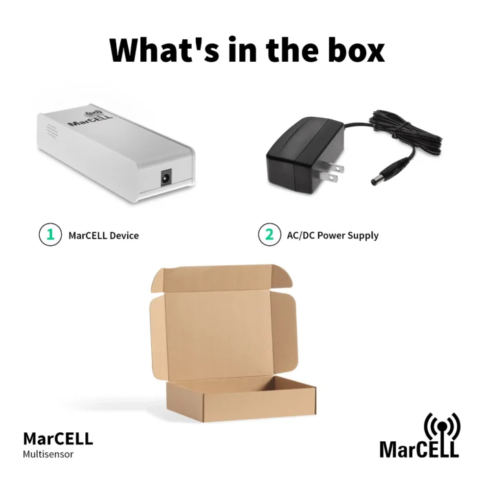 MarCELL Multisensor box contents including the device and AC/DC power supply.