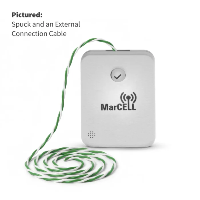 SPuck water sensor with MarCELL external connection cable for extended leak detection.