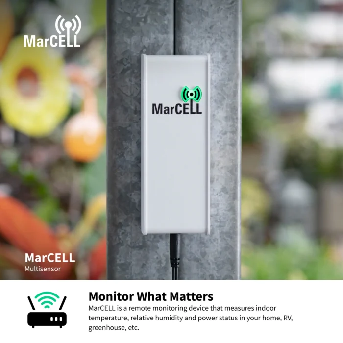 MarCELL Multisensor monitoring device installed indoors to track temperature, humidity, and power status.
