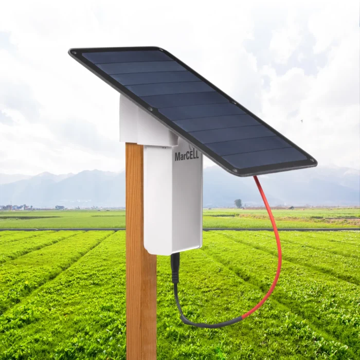 FarmCELL solar powered multisensor by MarCELL monitoring environmental conditions in a crop field.